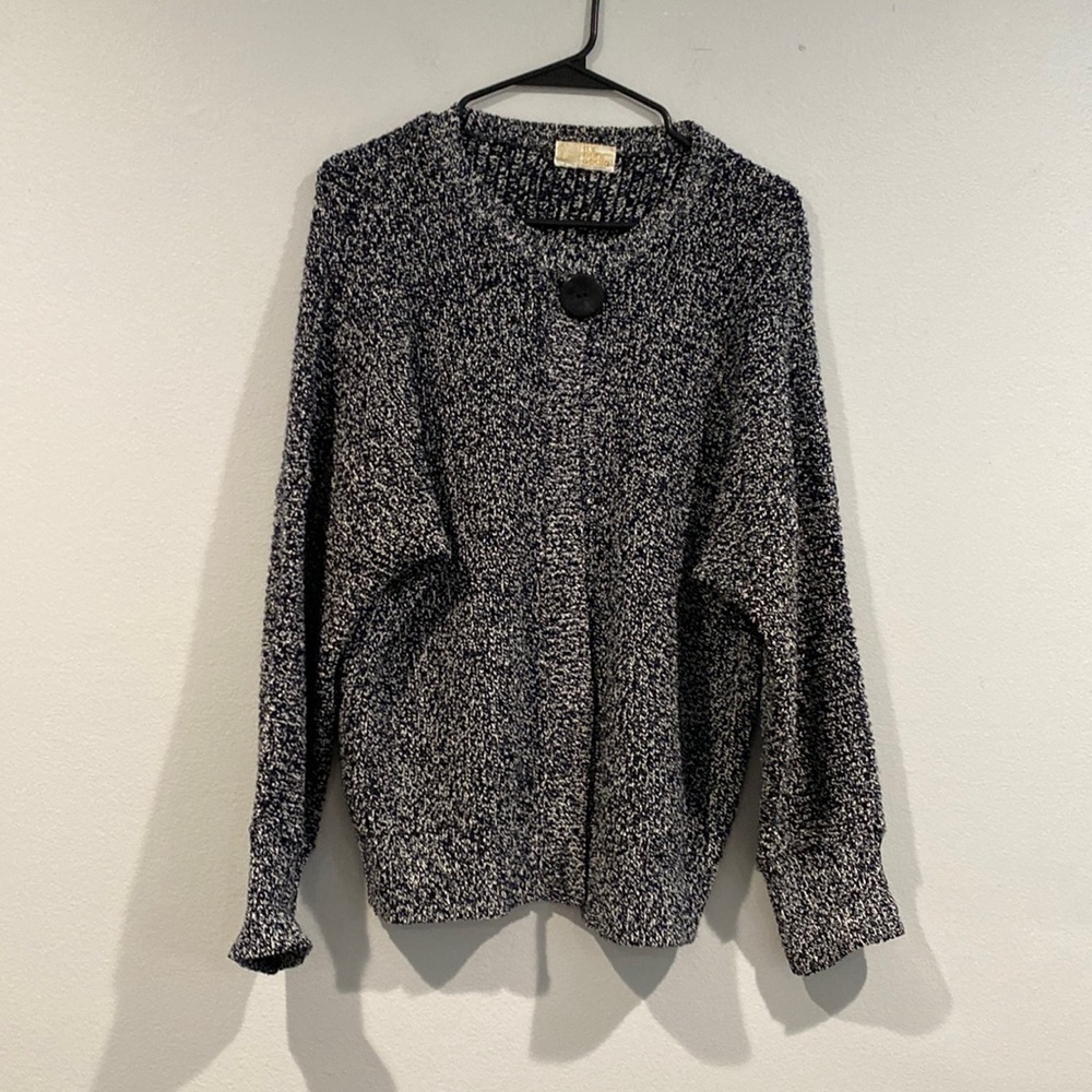 Black and White Heathered Knit It’s Pure Gould Sweater w/ one top button-Size L?